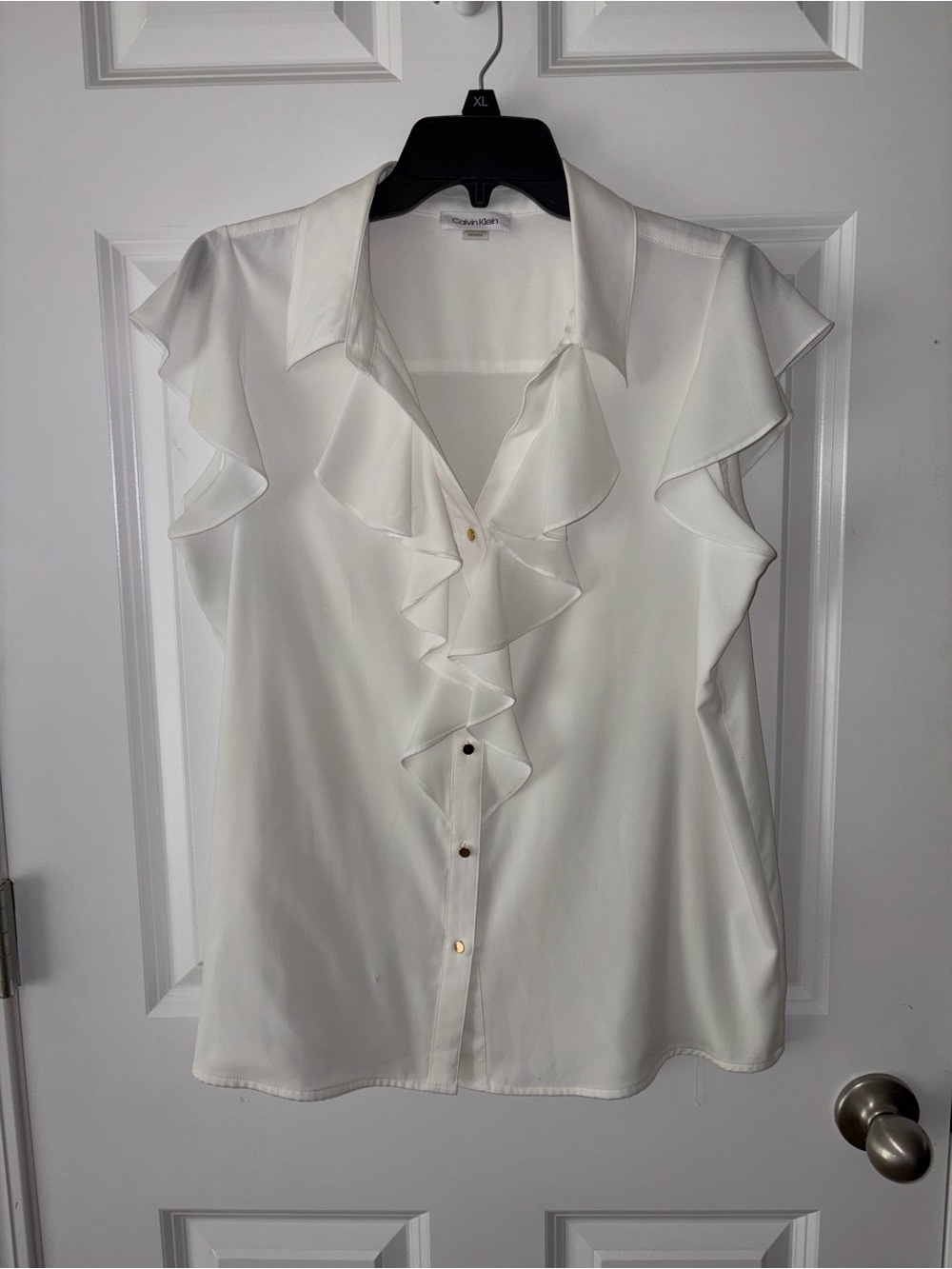 Calvin Klein White Ruffle-Front Sleeveless Blouse